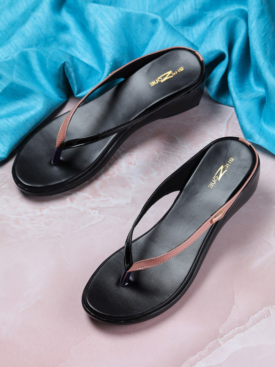 Shezone Peach-Coloured & Black Wedge Sandals