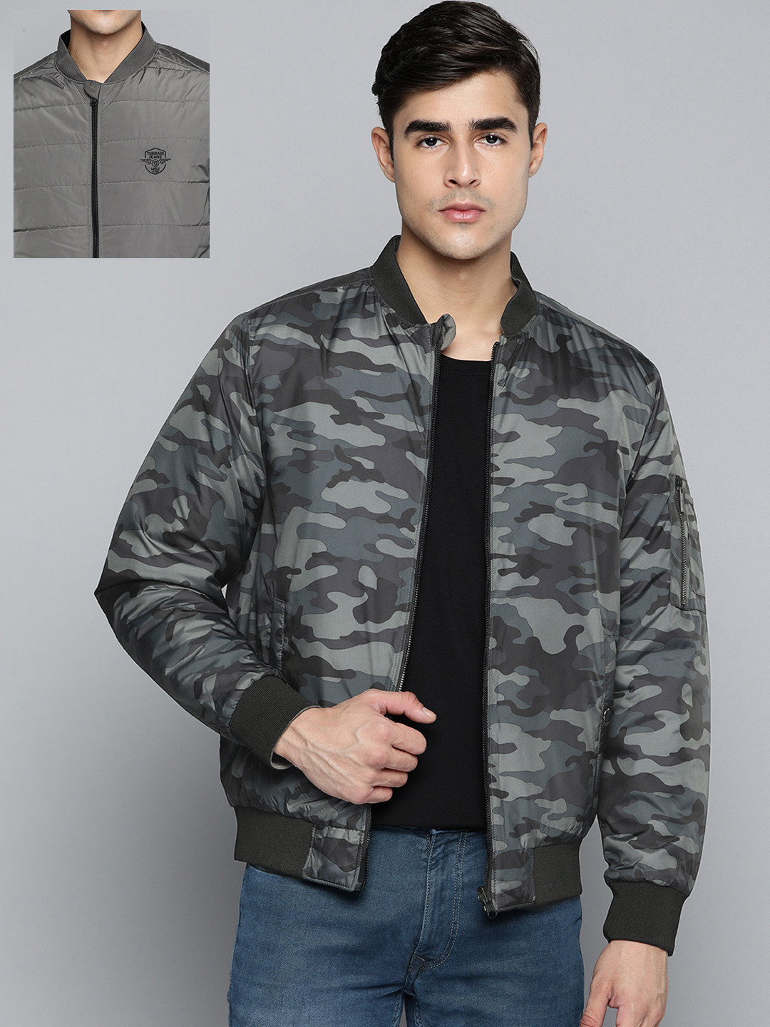 Indian Terrain Men Charcoal Grey & Black Camouflage Print Reversible Bomber Jacket
