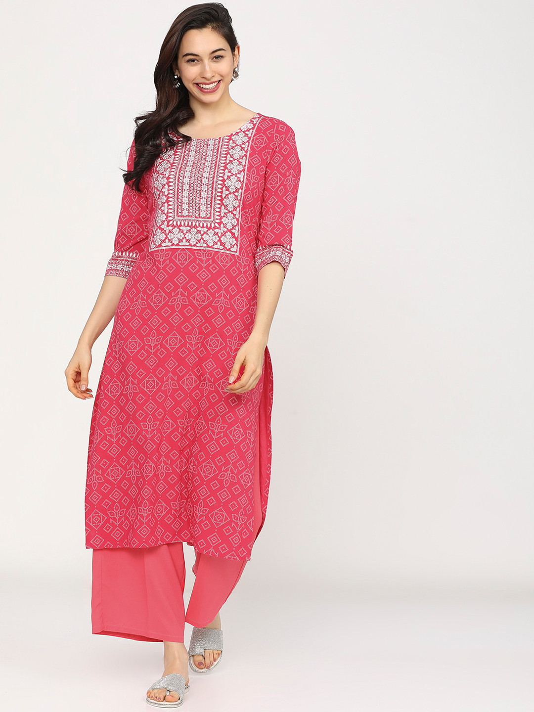 Vishudh Women Pink Ethnic Motifs Printed Regular Thread Work Kurta with Palazzos