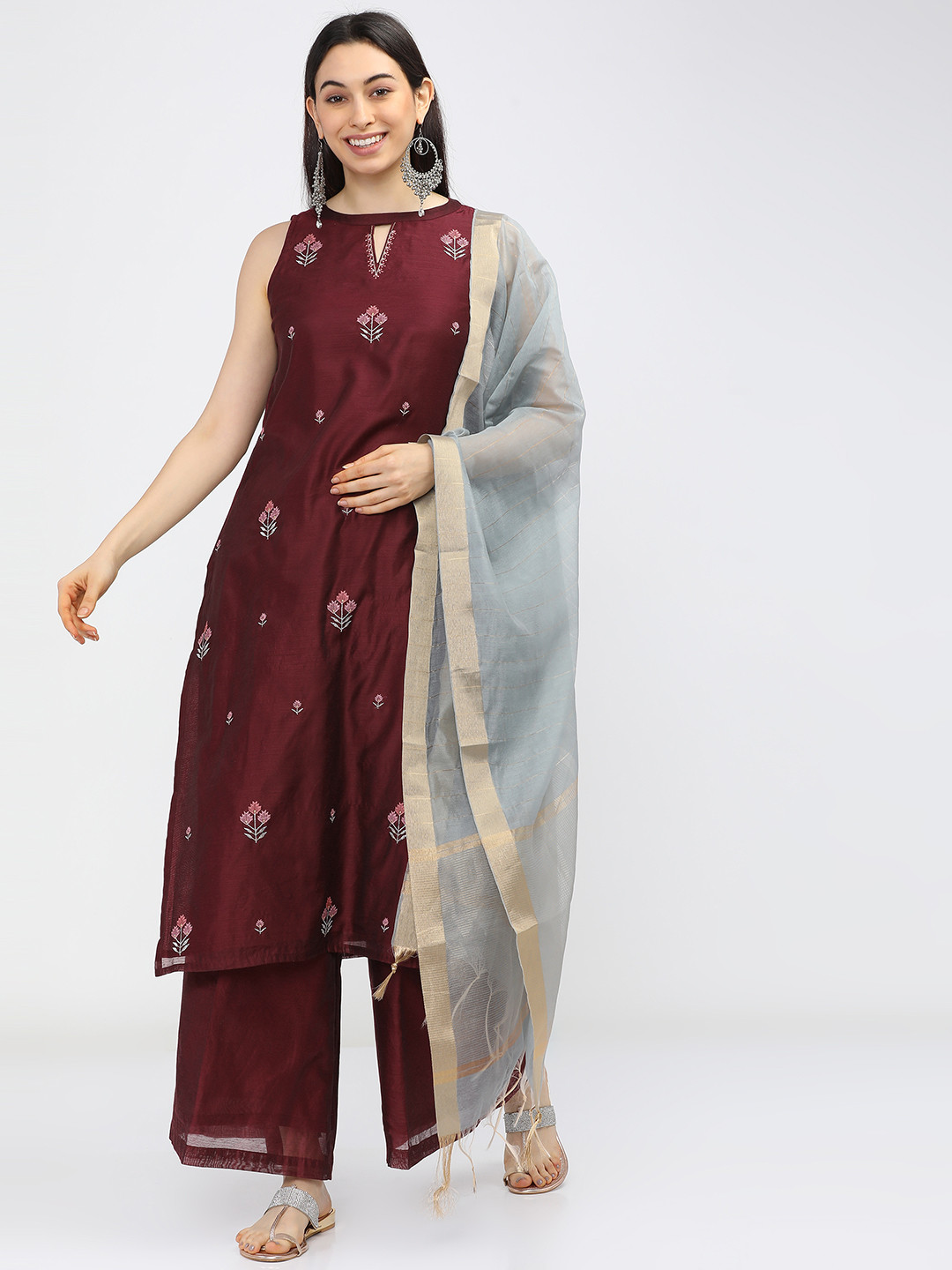 Vishudh Women Maroon Floral Embroidered Regular Kurta with Palazzos