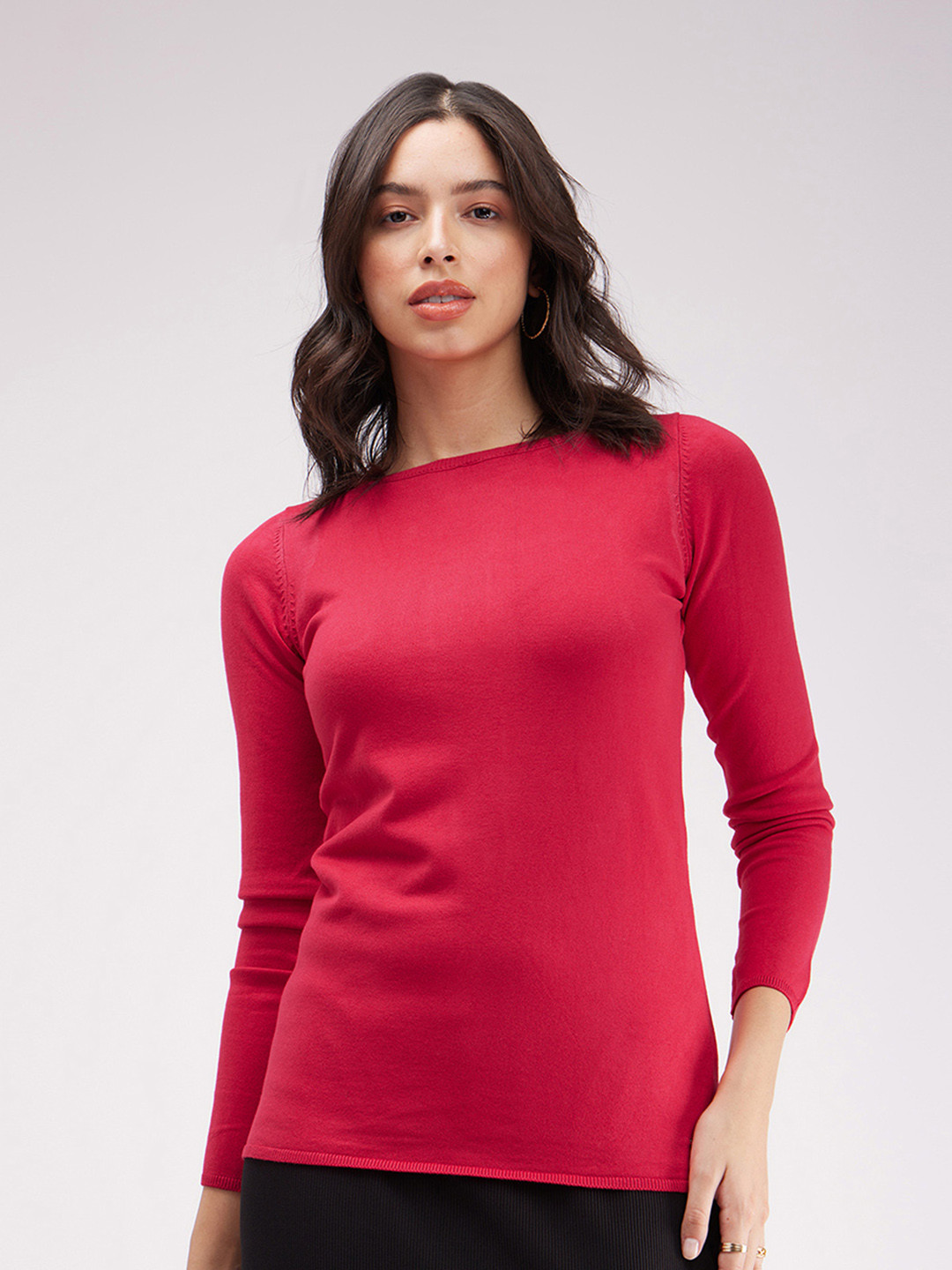 FableStreet Women Magenta Boat Neck Knit Pullover Sweater