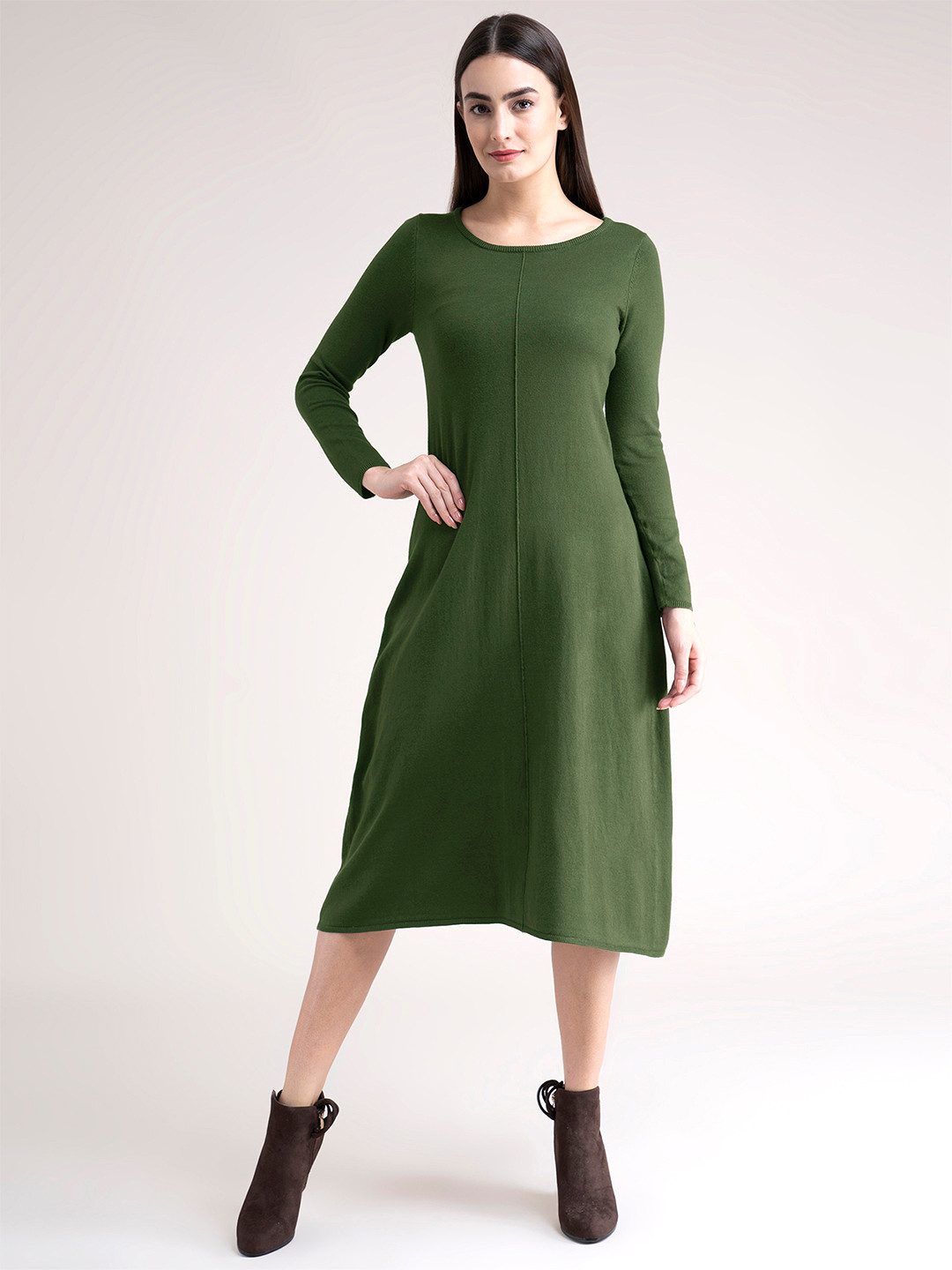 FableStreet Olive Green Knit Midi Jumper Women Dress