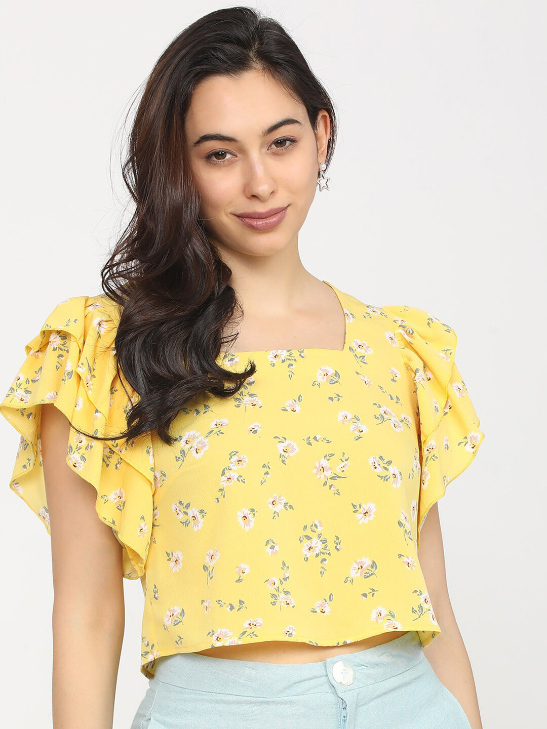 Tokyo Talkies Yellow Floral Printed Crop Top