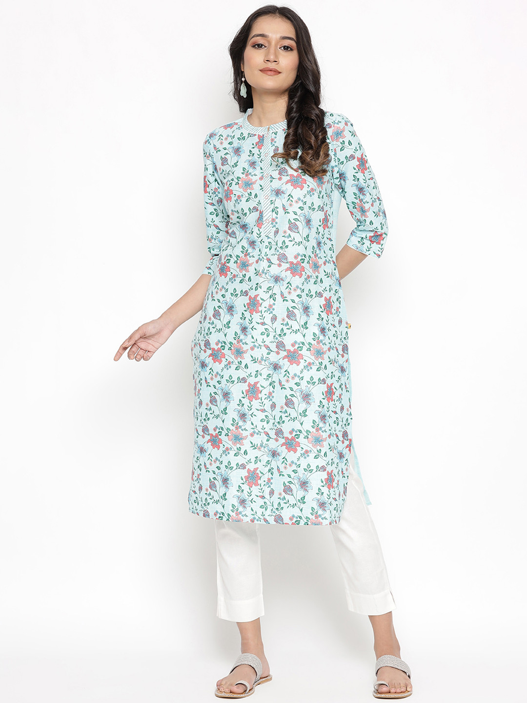 AURELIA Women Blue Floral Printed Thread Work Kurta