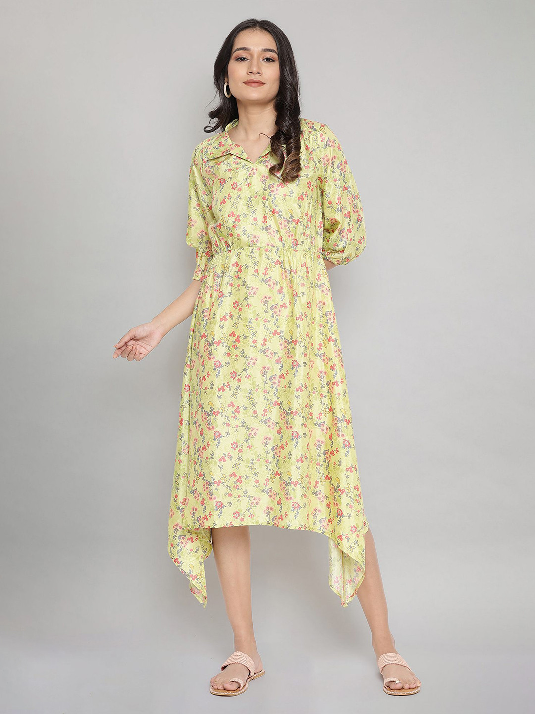 AURELIA Green Floral Printed Asymmetric Midi Shirt Dress