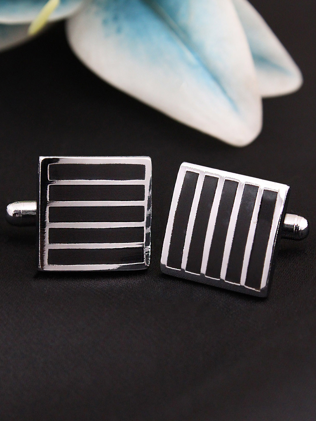 Kavove Men Black & Silver-Toned Striped Square Cufflinks