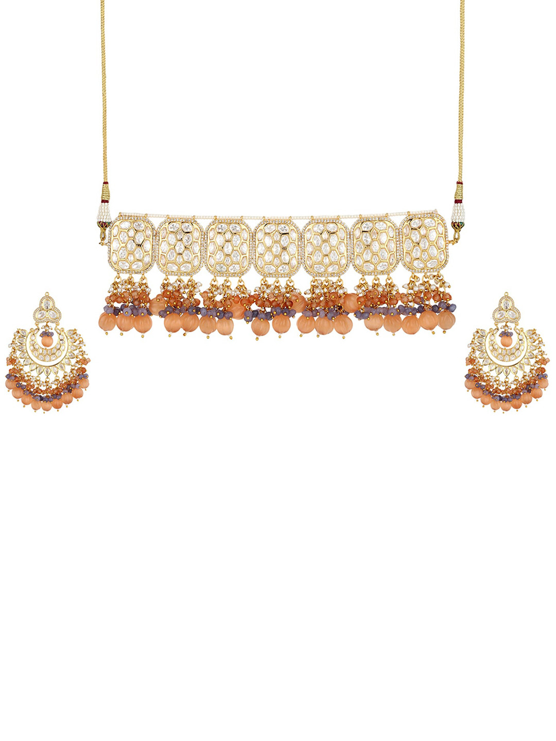 Runjhun Women Multi Kundan Studded Polki Choker Necklace Set