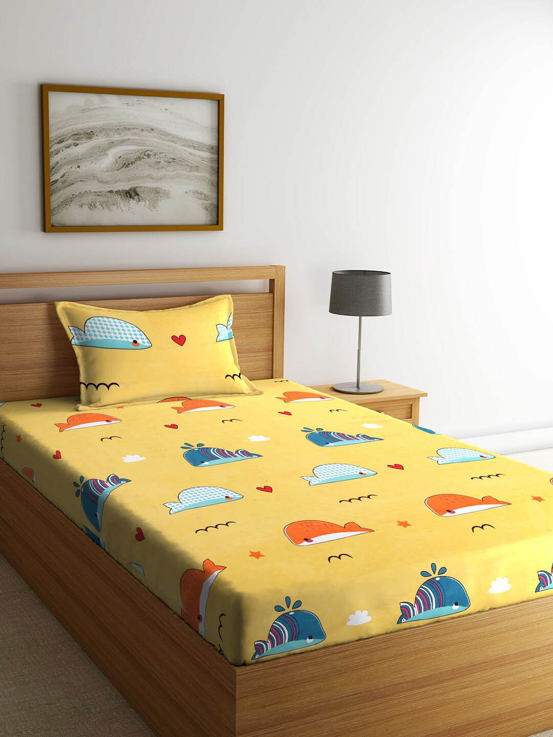 KLOTTHE Yellow Cartoon Characters Polycotton 300 TC Single Fine Bedsheet with a Pillow Cover-87 x 59 inches