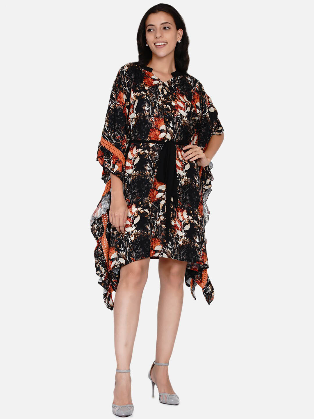 The Kaftan Company Black & Orange Floral Kaftan Midi Dress with Belt