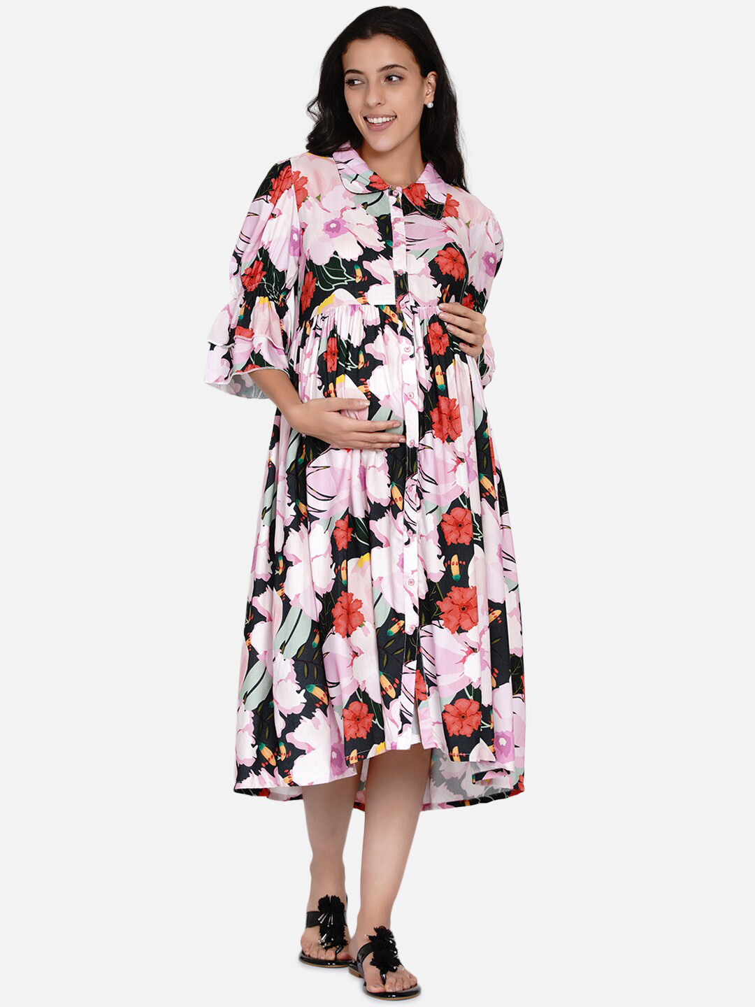 The Kaftan Company Green Floral Maternity A-Line Midi Dress