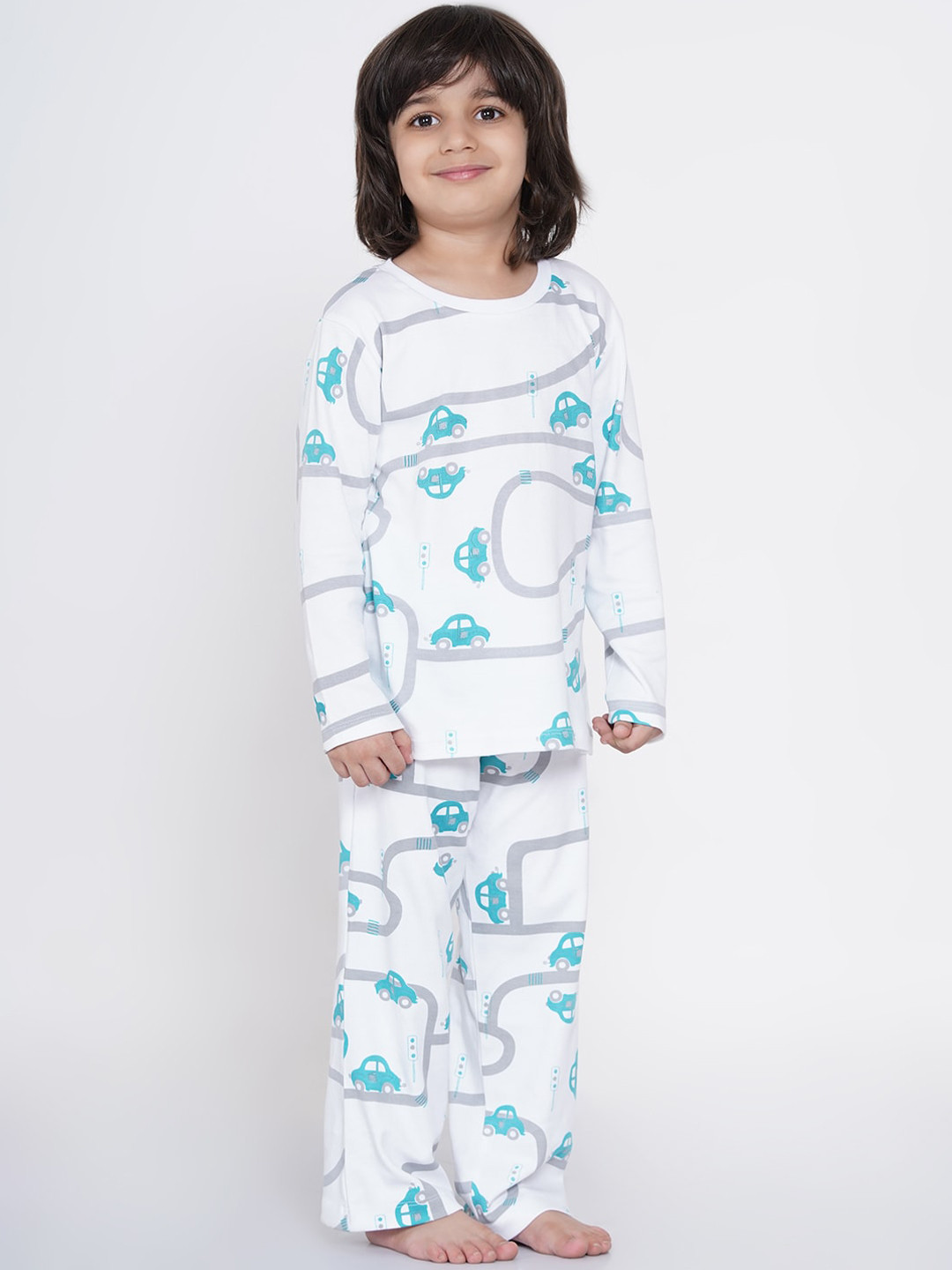 berrytree Boys White & Sea Green Cars Printed Organic Cotton Night suit
