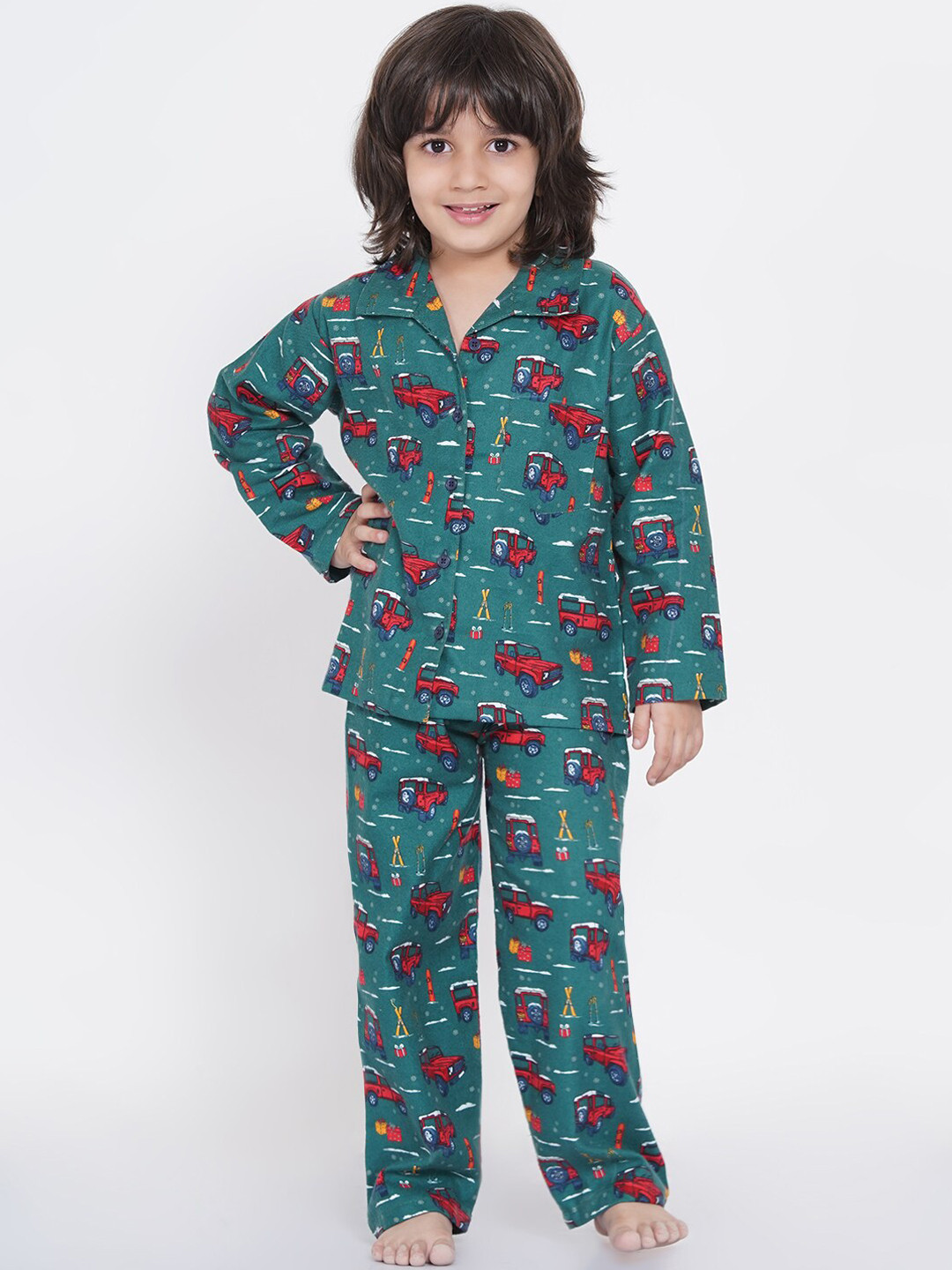 berrytree Boys Green & Red Printed Warm Flannel Winter Night Suit