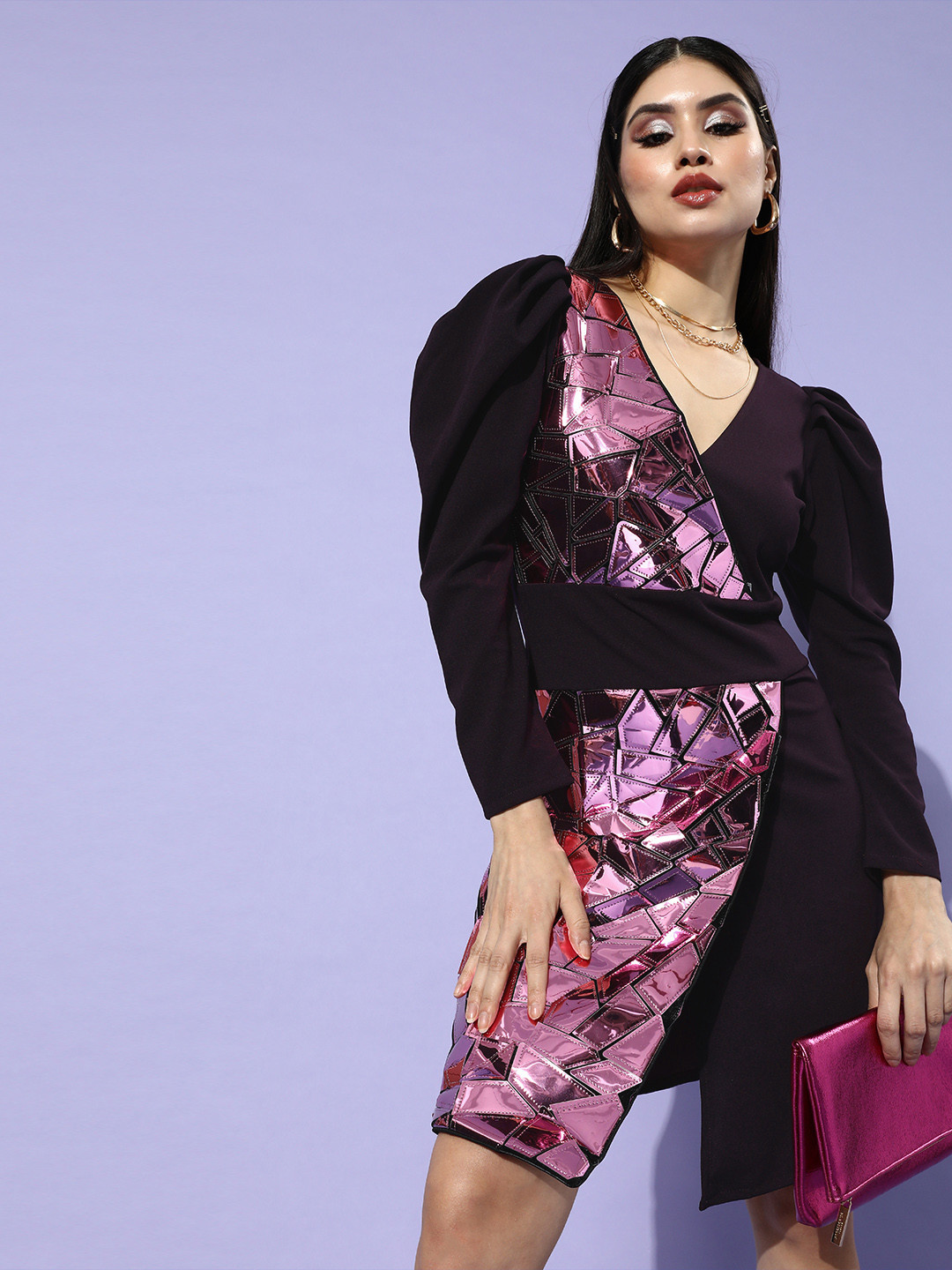 Athena Women Burgundy Embellished Bling and Sparkly Dress