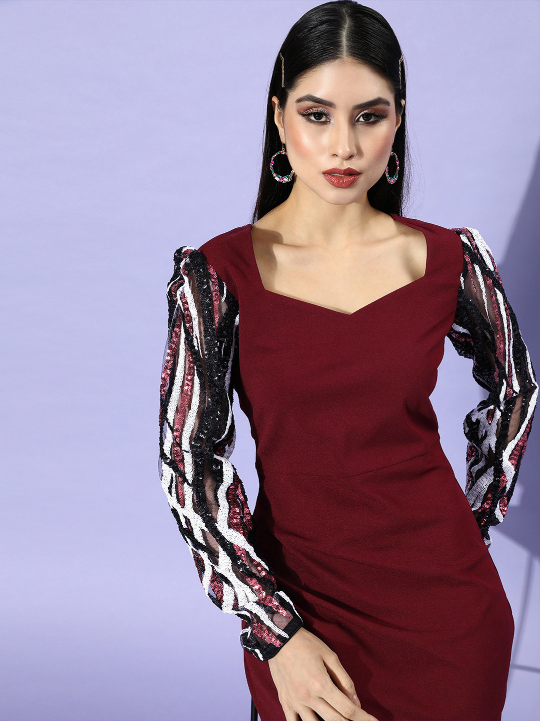 Athena Women Charming Maroon Embellished Bling and Sparkly Dress