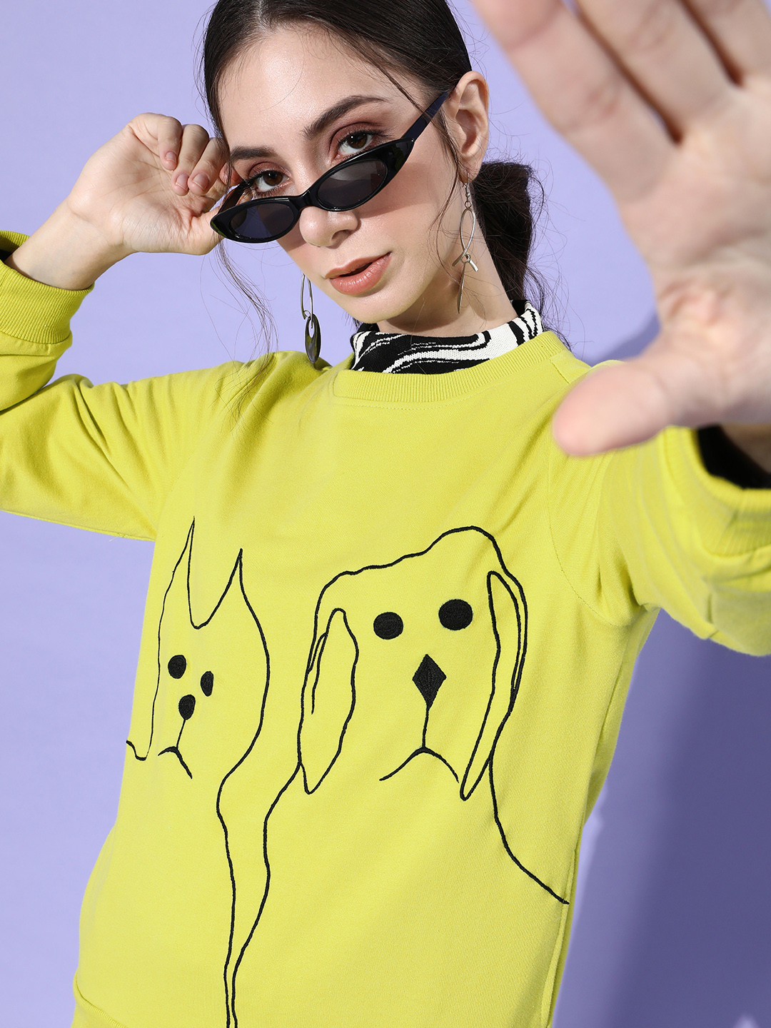 Athena Women Lime Green Graphic Quirky Outerwear Sweatshirt