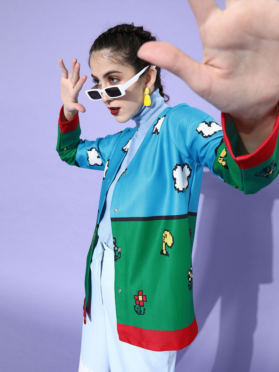 Athena Women Turquoise Blue Colourblocked Quirky Outerwear Sweatshirt