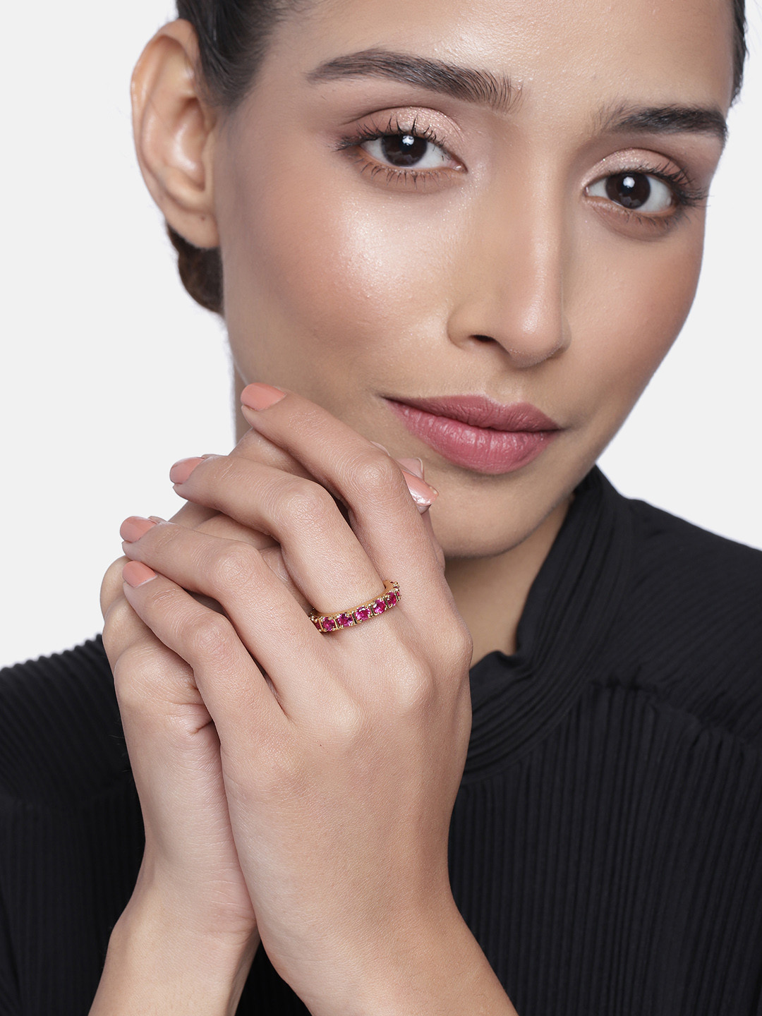 Estele Women Gold plated Band Ring with Multiple Pink American Diamonds