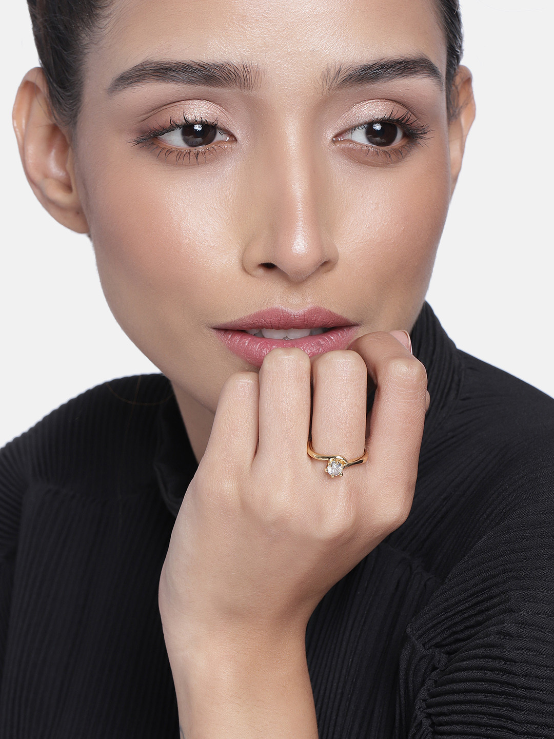 Estele white american diamond on  gold plated ring for women (non adjustble)