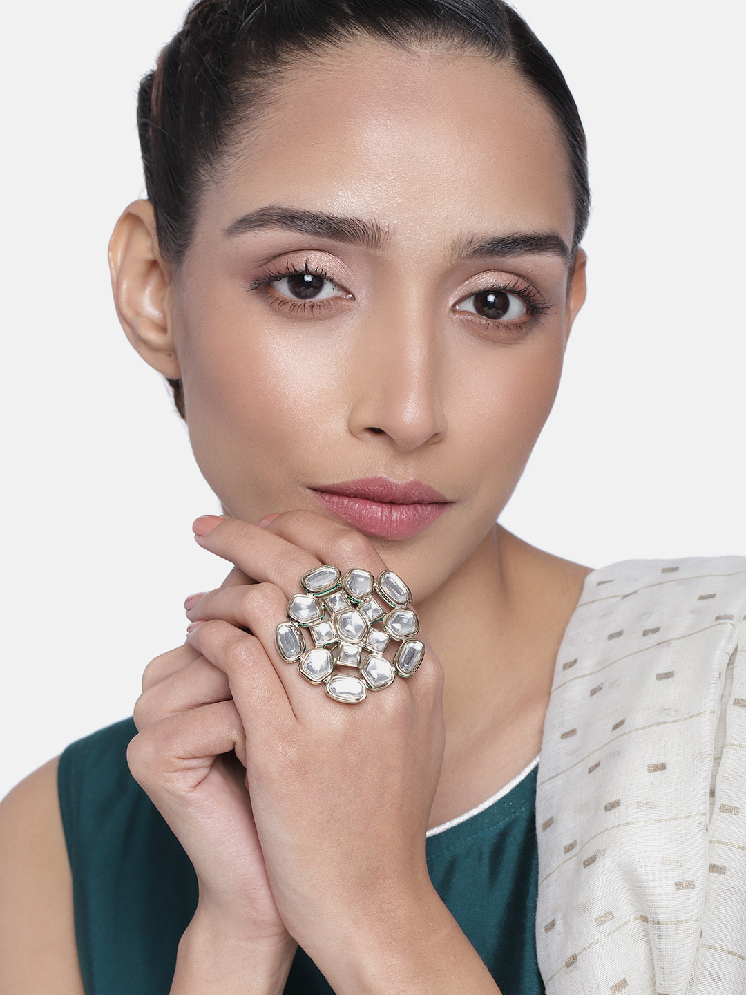 Estele Gold Plated Polki White Kundan Ethnic Traditional Maharani Ring