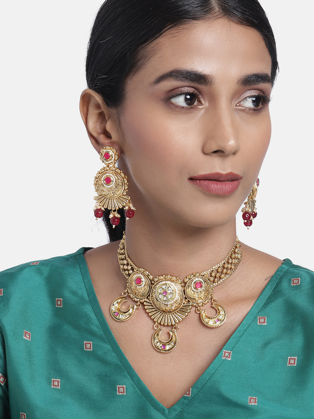 I Jewels Gold Plated & Pink Emerald Stone Embellished Choker Jewellery Set