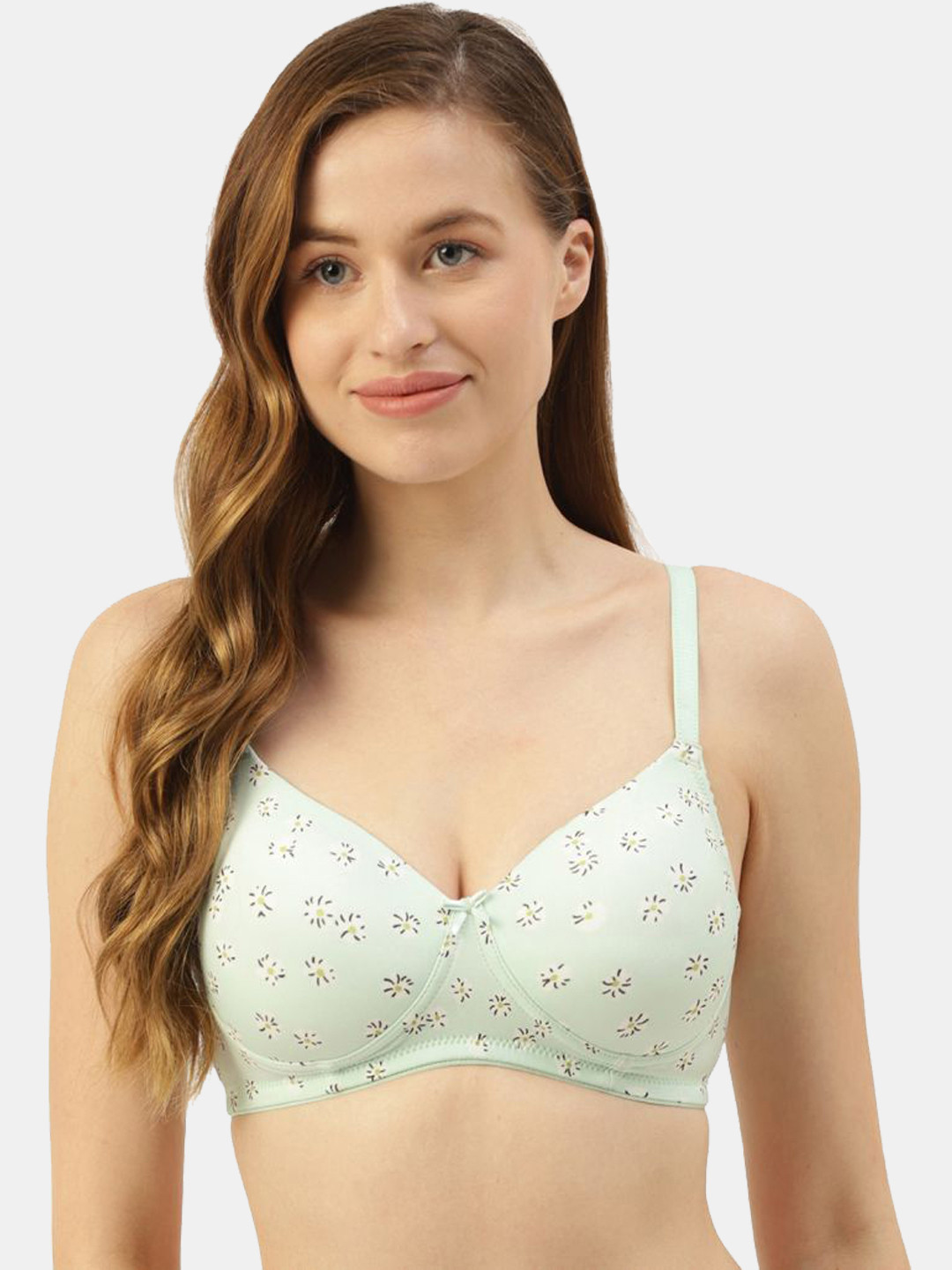 Leading Lady Green & White Floral Print Wirefree Lightly Padded Full Coverage Bra