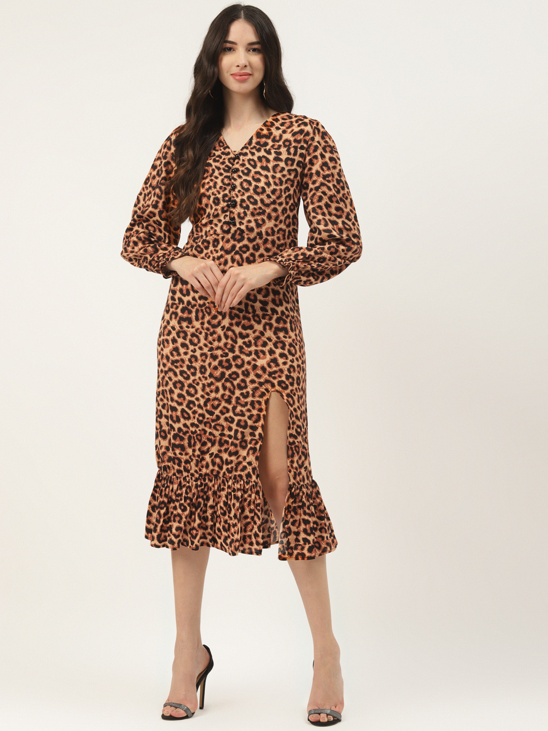 WISSTLER Brown & Black Animal Satin Midi Dress