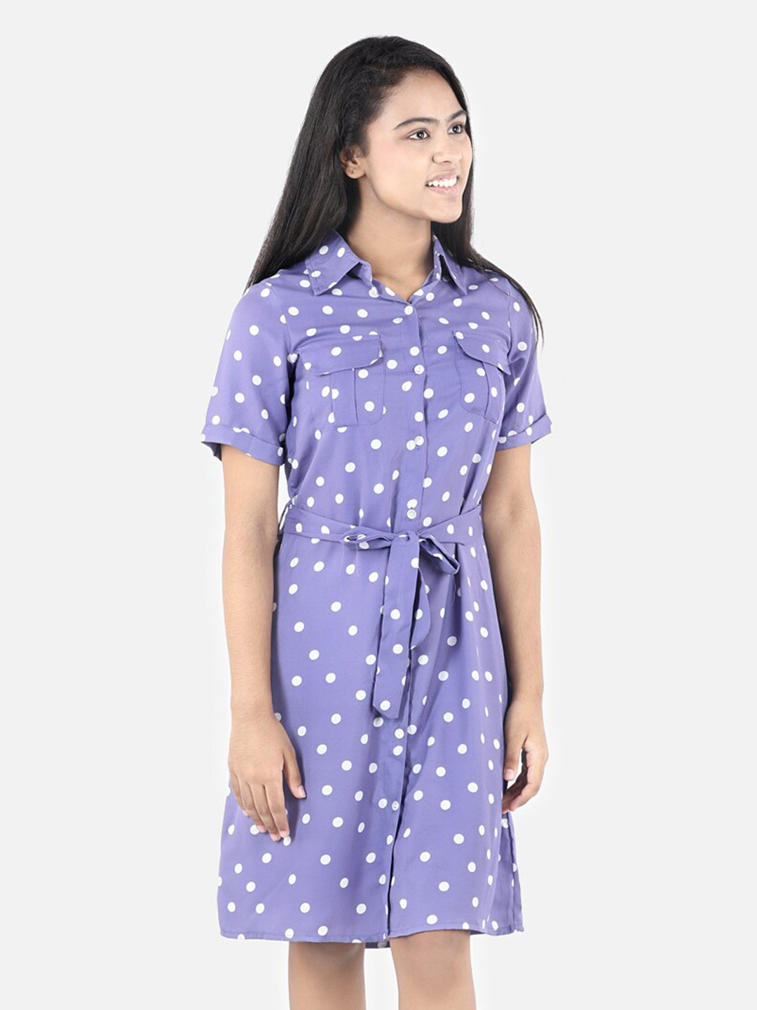 StyleStone Girls Lavender & White Polka Dot Printed Belted Crepe Shirt Dress