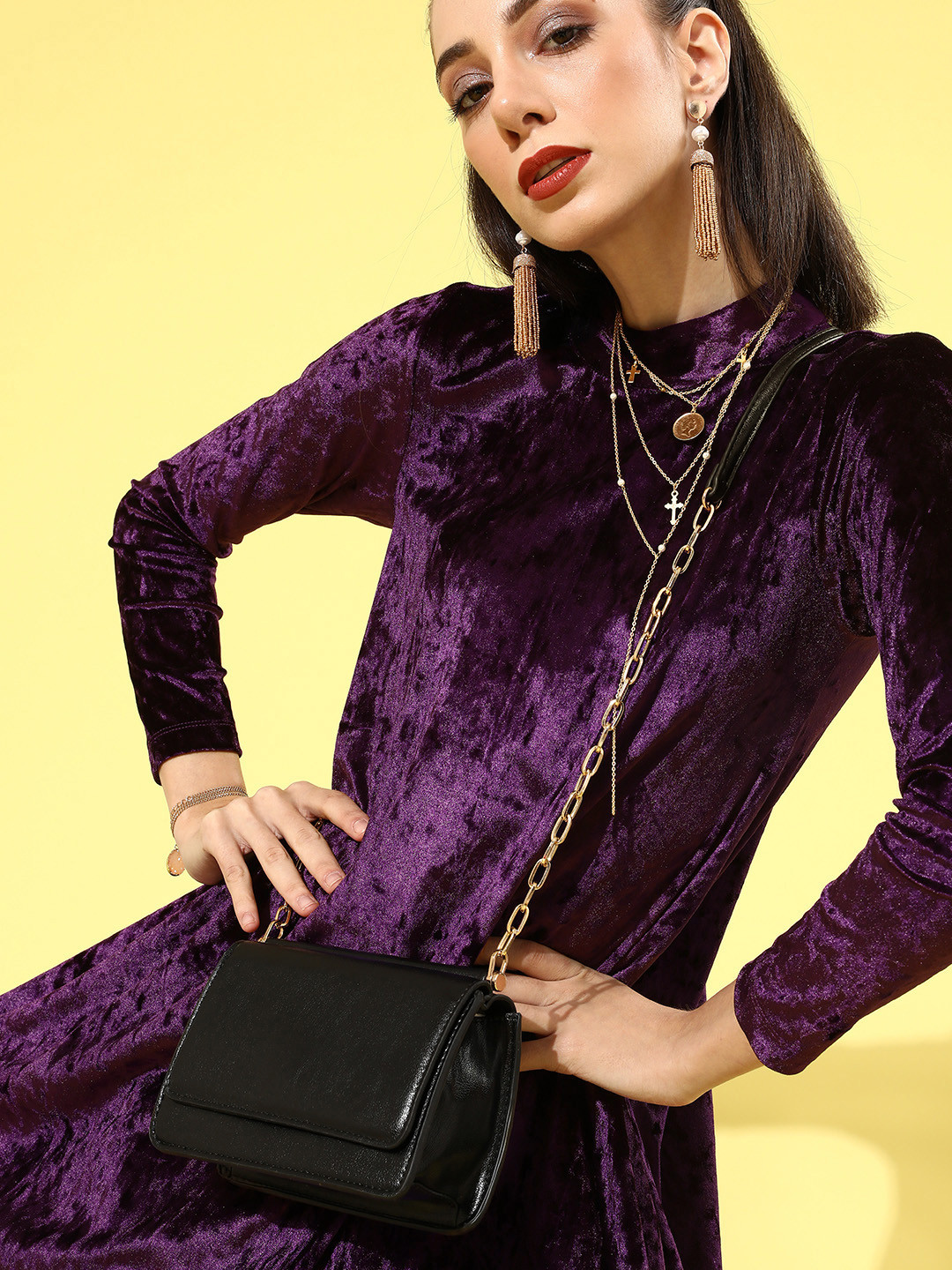 KASSUALLY Women Charming Purple Solid Velvet Dress