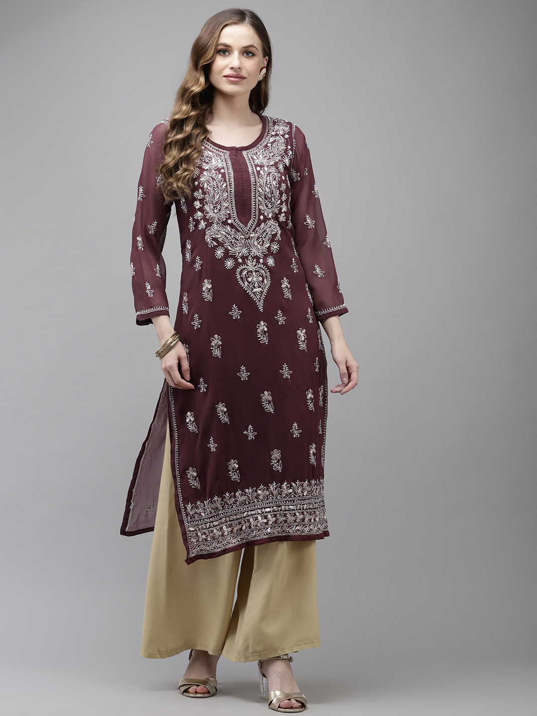 ADA Women Wine-Coloured Chikankari Hand Embroidered Handloom Georgette Kurta with Slip