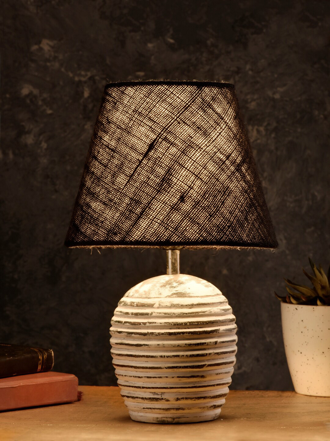 green girgit Striped Wooden White Lamp with Black Jute Shade
