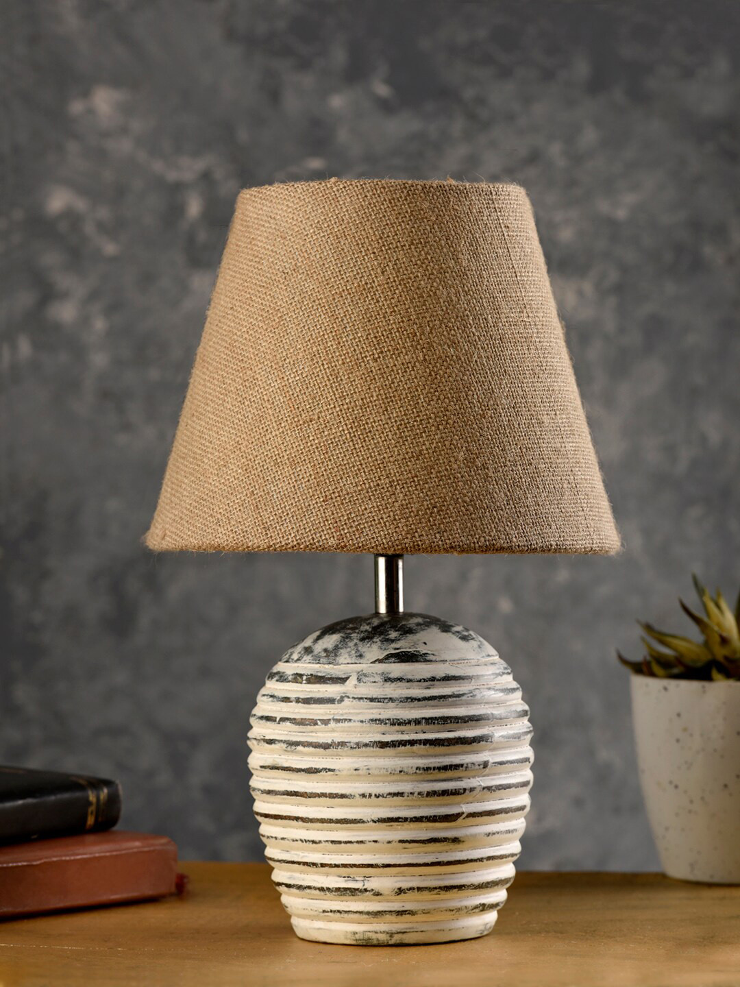 green girgit Striped Wooden White Lamp with Brown Jute Shade