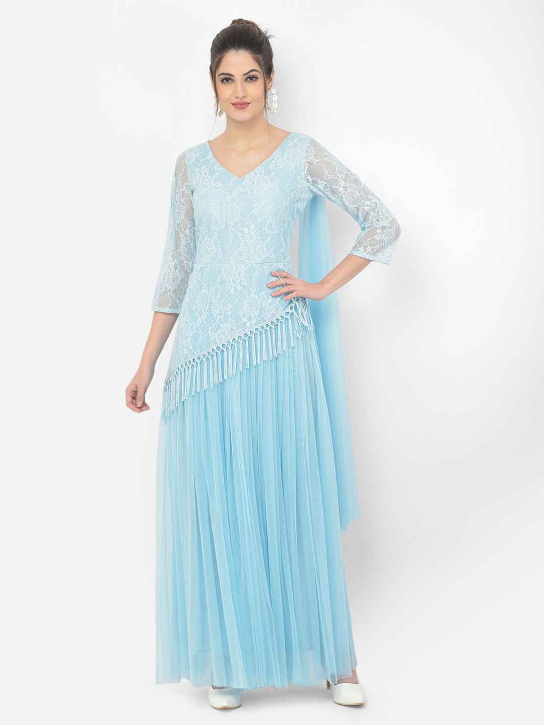 Eavan Woman Turquoise Blue Net Maxi Dress