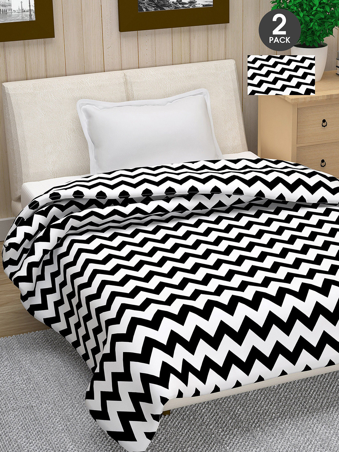 Divine Casa White & Black Set of 2 Geometric AC Room 110 GSM Single Bed Dohar