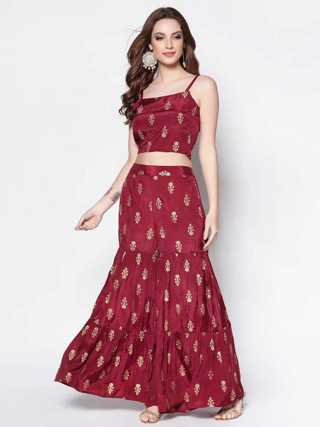 Sera Women Maroon & Gold-Toned Printed Two-Piece Jacquard Jumpsuit