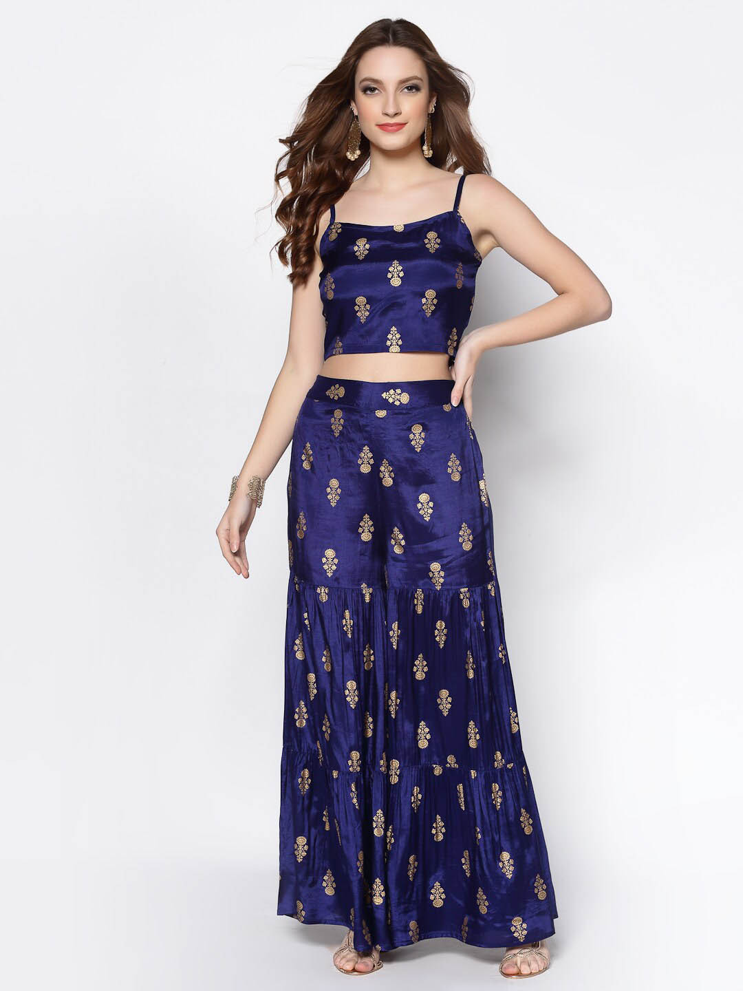 Sera Women Navy Blue & Gold Ethnic Motifs Printed Two-Piece Jumpsuit