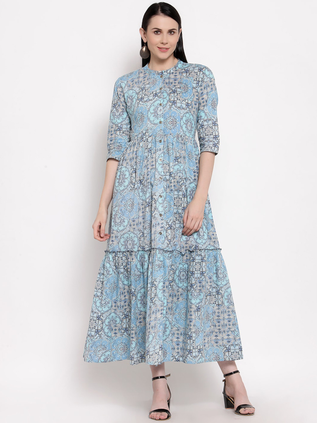 Indibelle Women Blue & Beige Ethnic Motifs Screen Printed Cotton A-line Kurta