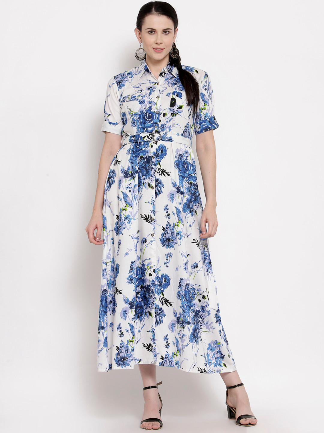 Indibelle Women Blue & White Floral Screen Printed Floral A-line Kurta