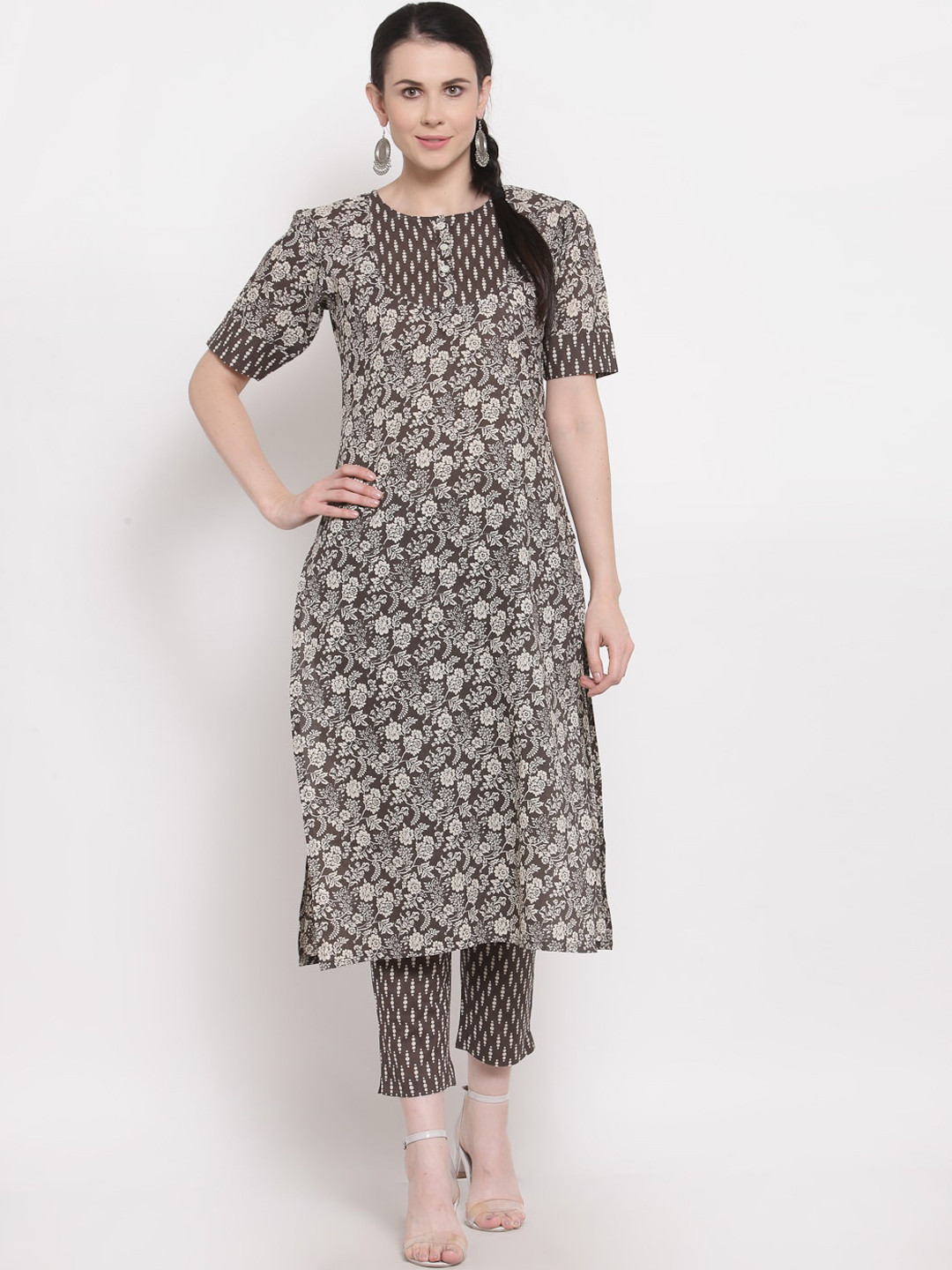 Indibelle Women Coffee Brown & Grey Floral Screen Printed Cotton Straight Kurta
