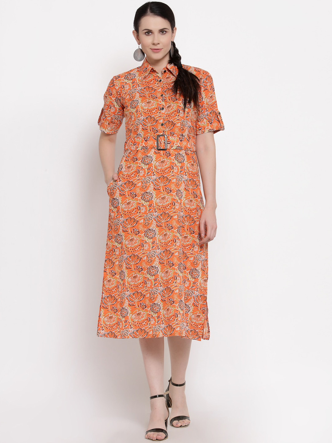 Indibelle Orange & White Floral Cotton Ethnic A-Line Midi Dress