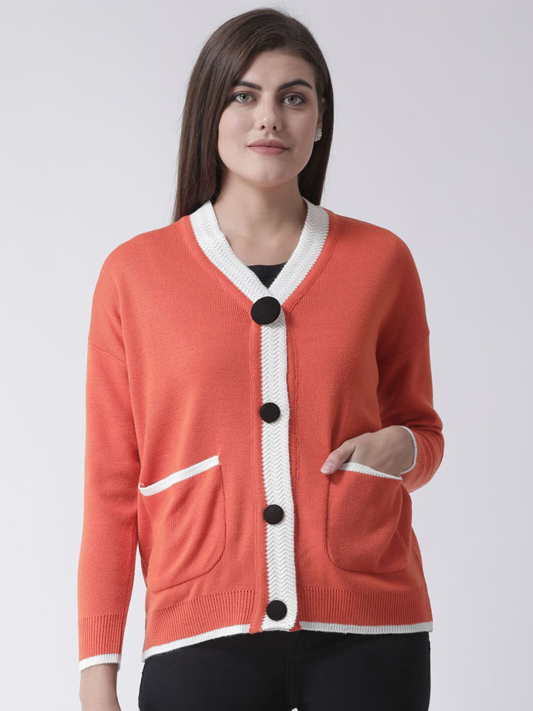 Club York Women Orange & White Cardigan