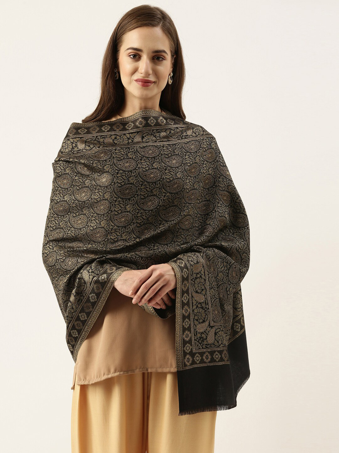 Pashmoda Women Black & Gold-Toned Woven Design Stole