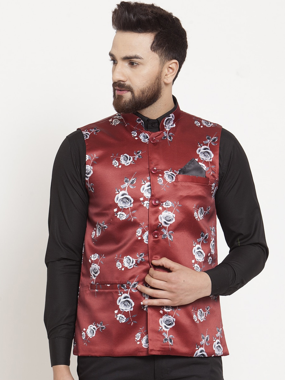 KLOTTHE Men Red & White Floral Printed Satin Nehru Jacket