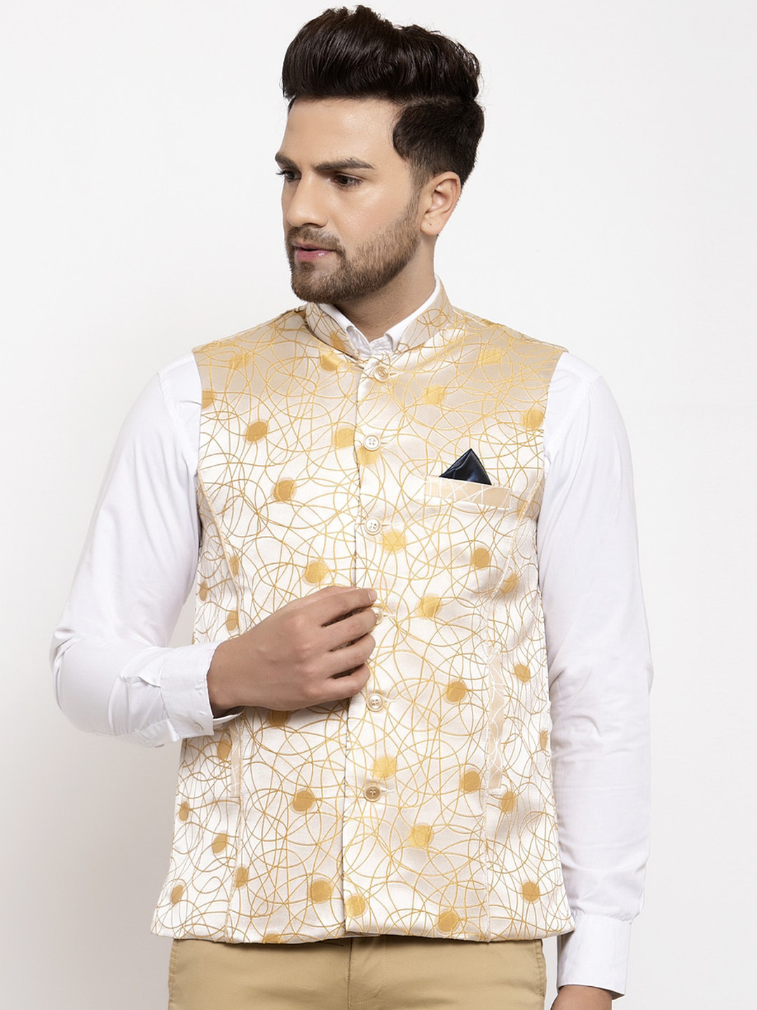 KLOTTHE Men Beige & Tan-Brown Woven-Design Nehru Jacket