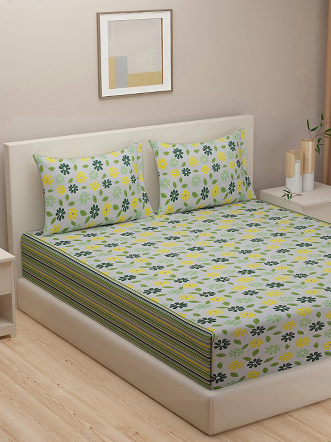 SWAYAM Green Floral Pure Cotton 144 TC King Bedsheet with 2 Pillow Covers-90 x 100 inches