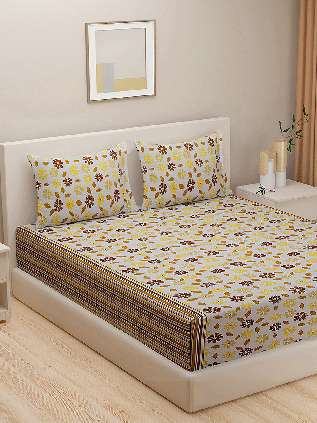 SWAYAM Vedic Yellow Floral Pure Cotton 160 TC King Bedsheet with 2 Pillow Covers-100 x 90 inches