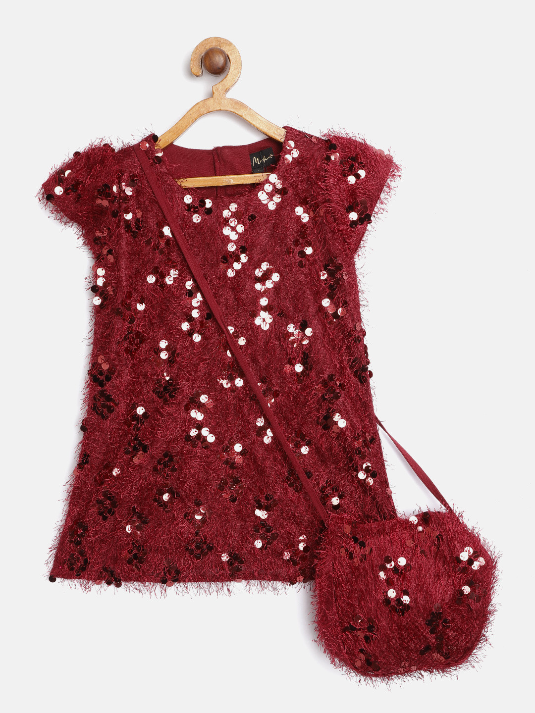 Bella Moda Maroon Sequined Embellished A-Line Dress with Sling Bag