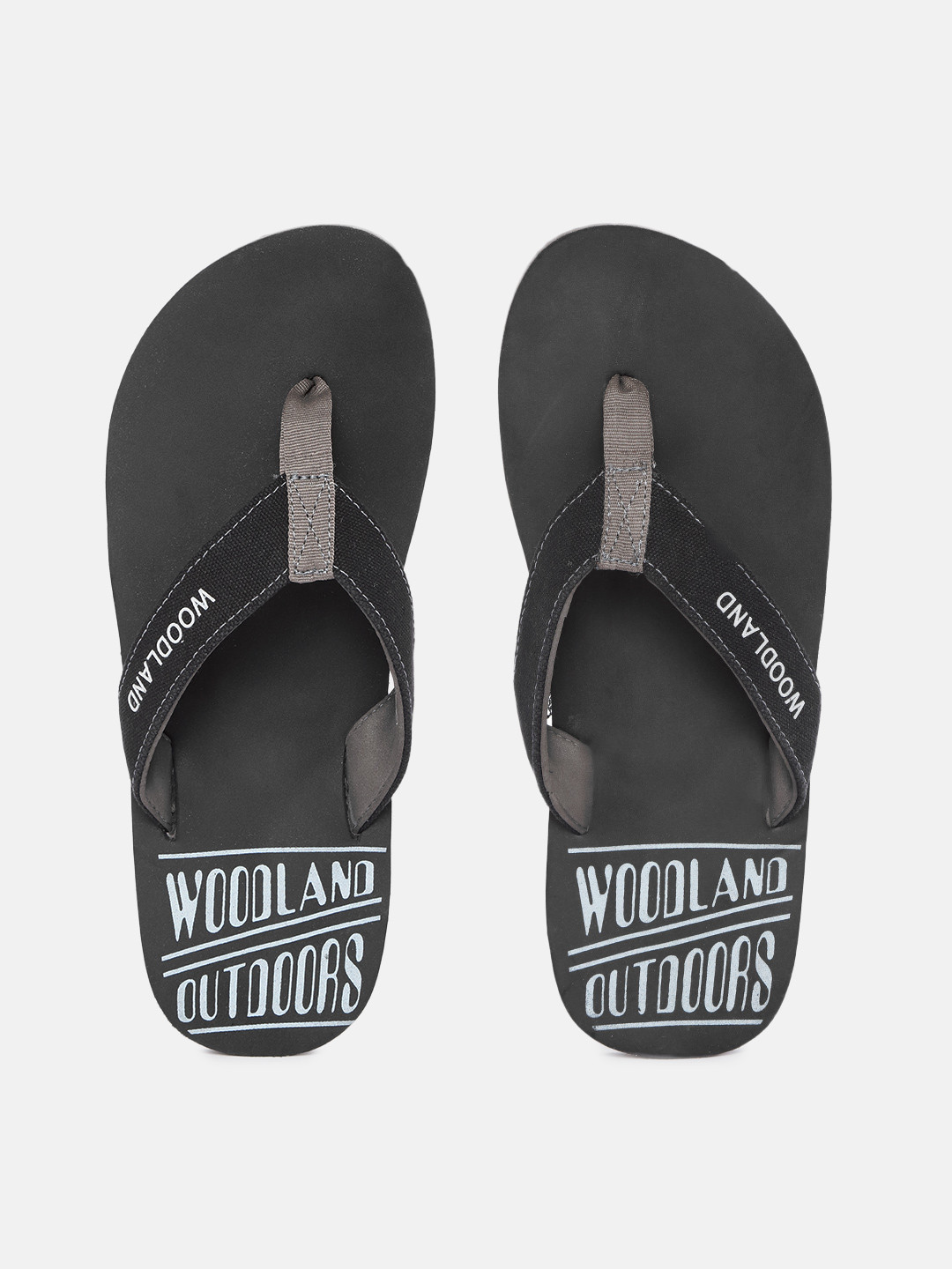 Woodland Men Black & Grey Brand Logo Print Detail Thong Flip-Flops