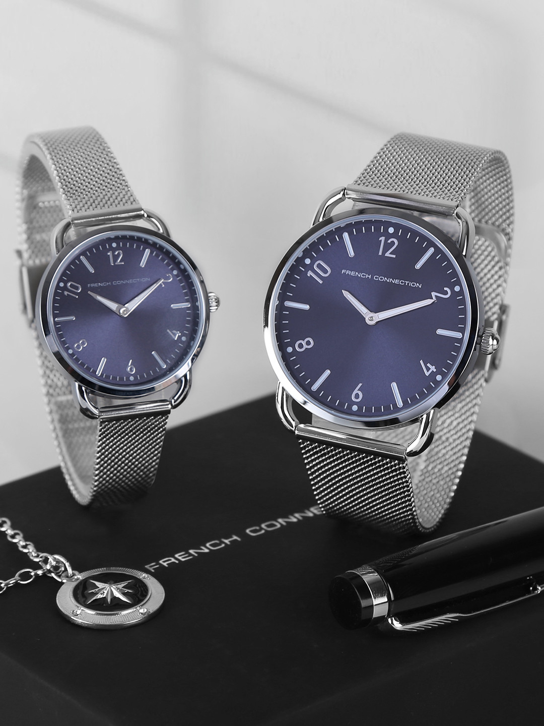French Connection Blue Dial & Silver Toned Stainless Couple Watch