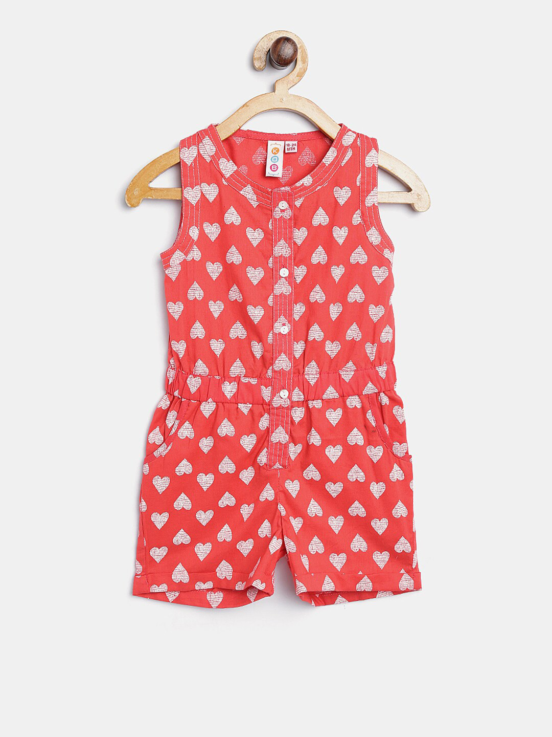Kids On Board Girls Red & White Printed Playsuit