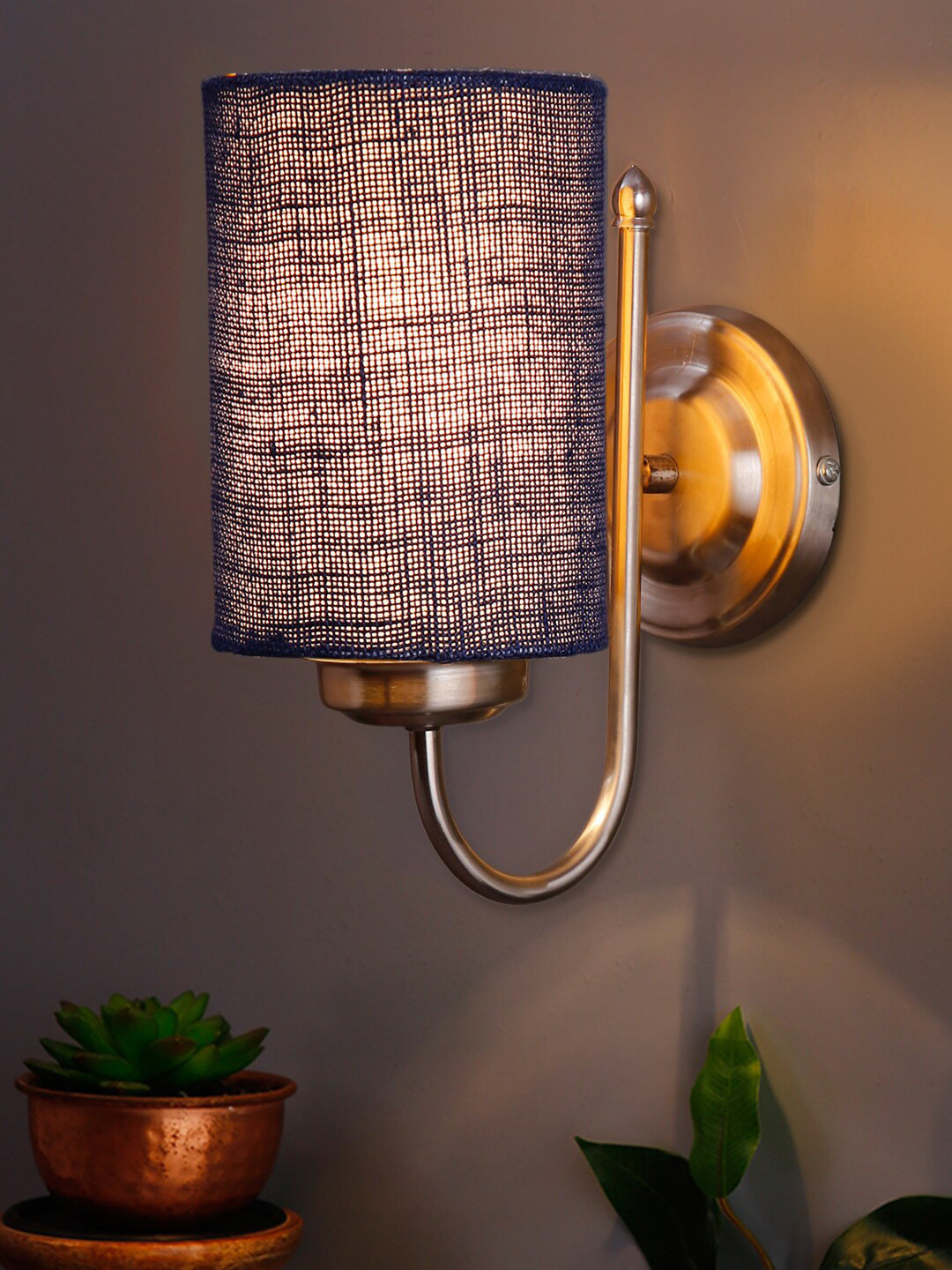 Devansh Blue Fabric Jute Wall Lamp With Steel Base